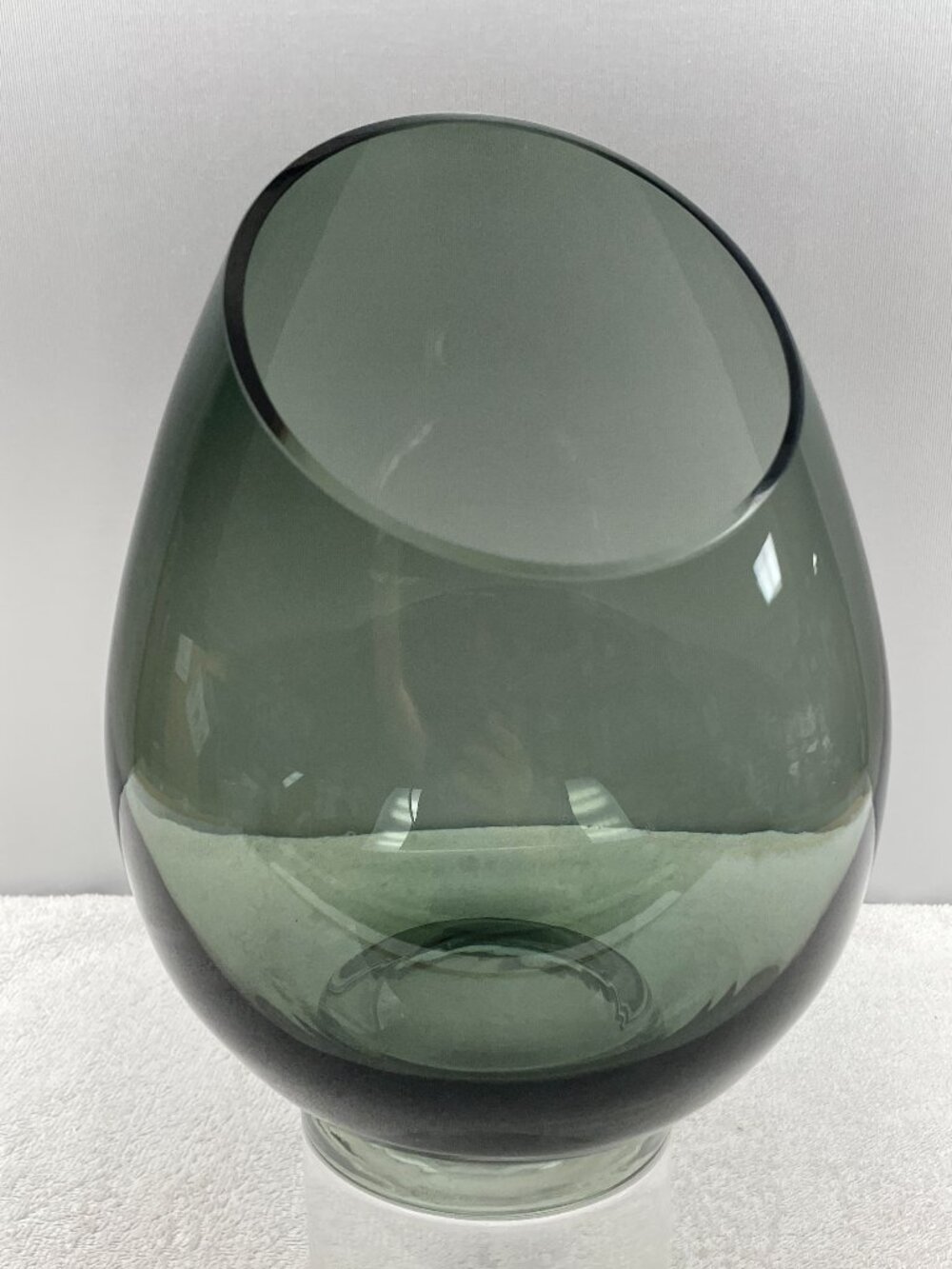 MCM Style Smoke Gray Handblown Glass Teardrop Vase Angled Slant Cut Opening 9.75